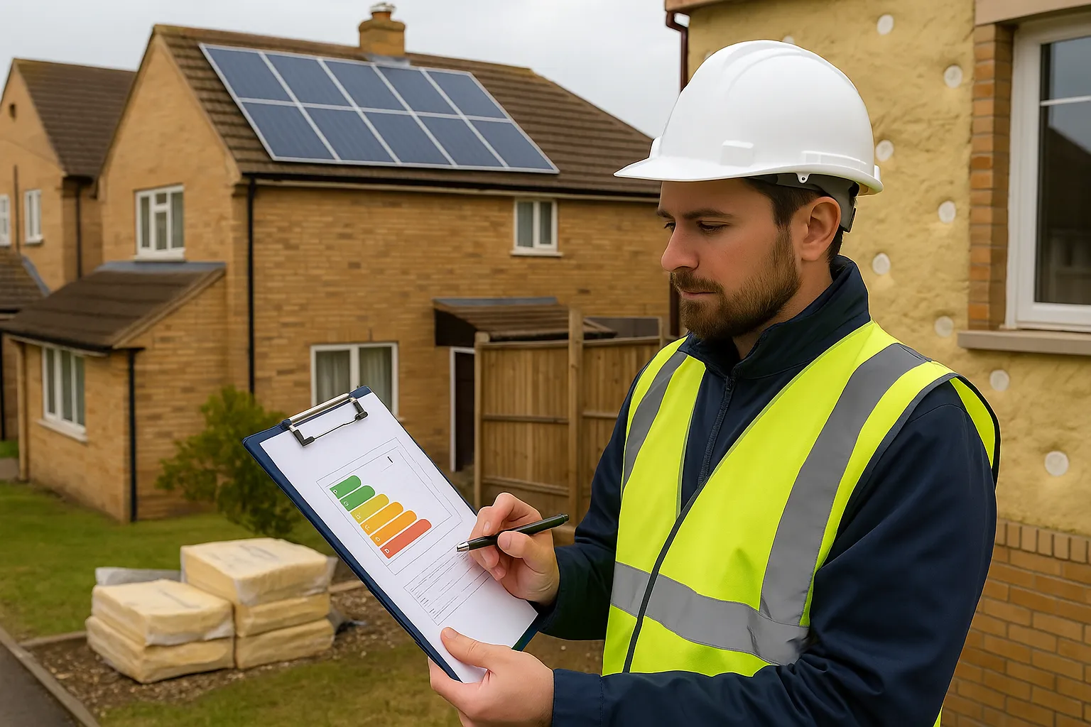 Retrofit assessor reviewing energy efficiency plans for a funded ECO4 housing project, with insulation and solar panels visible in the background