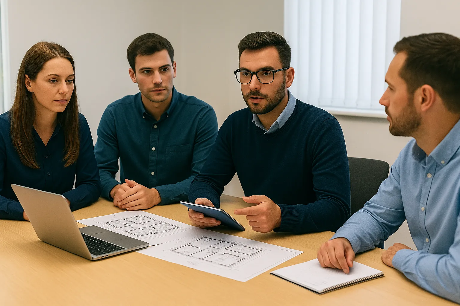 Retrofit Assessors collaborating during a team discussion to review assessment findings