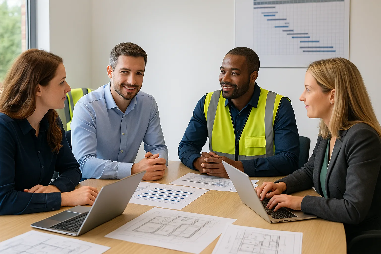 Retrofit Project Managers collaborating during a progress meeting in a project office