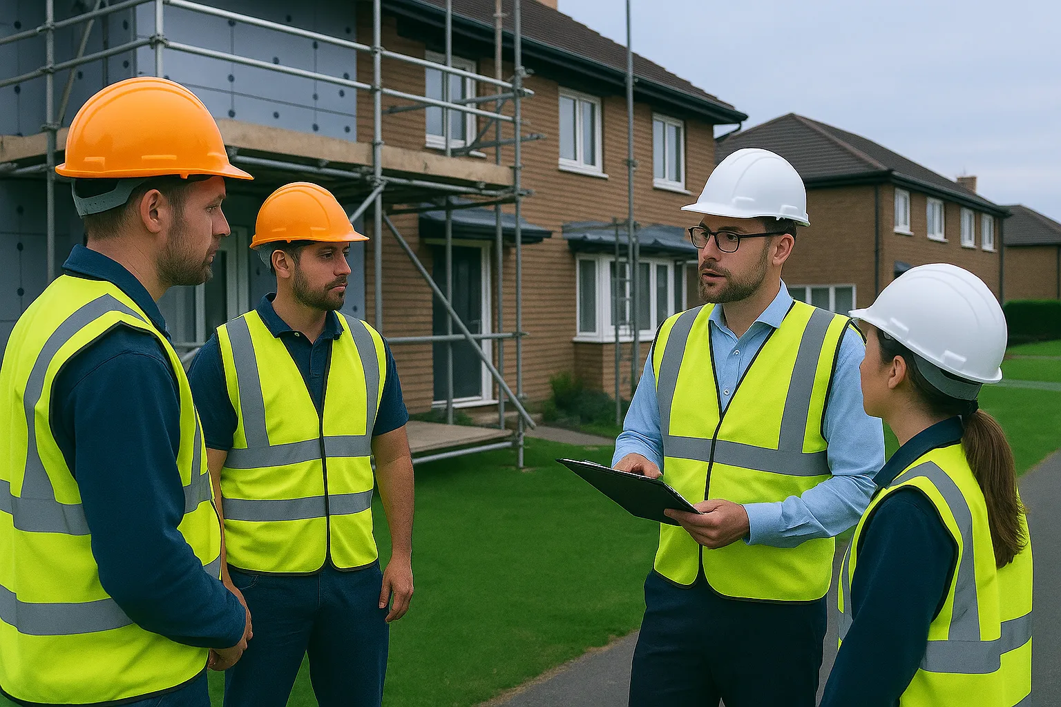 Quantity Surveyors discussing retrofit project performance and cost reports in a meeting